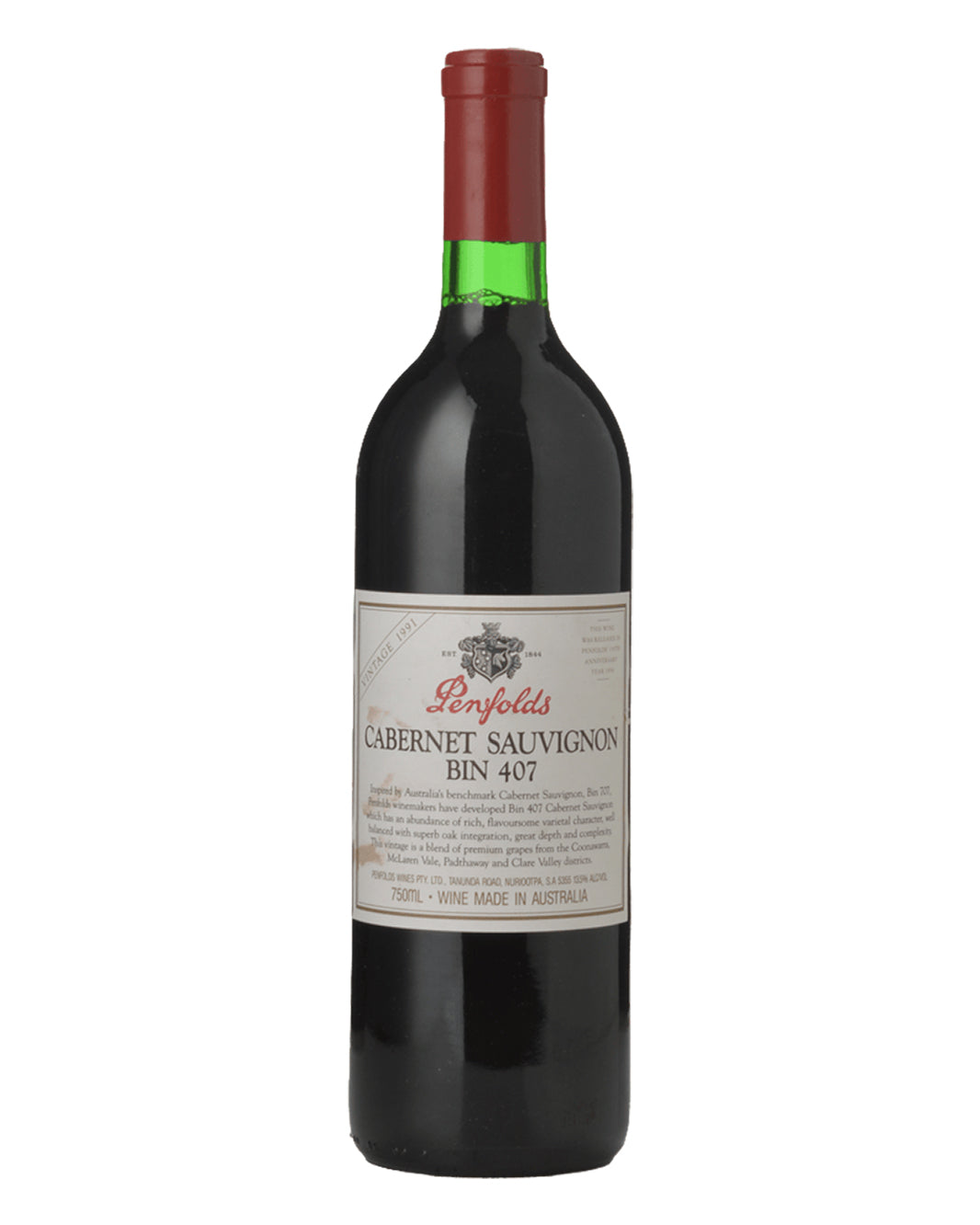 1991 Penfolds Bin 407 Cabernet Sauvignon 750ml Minor Label Stains
